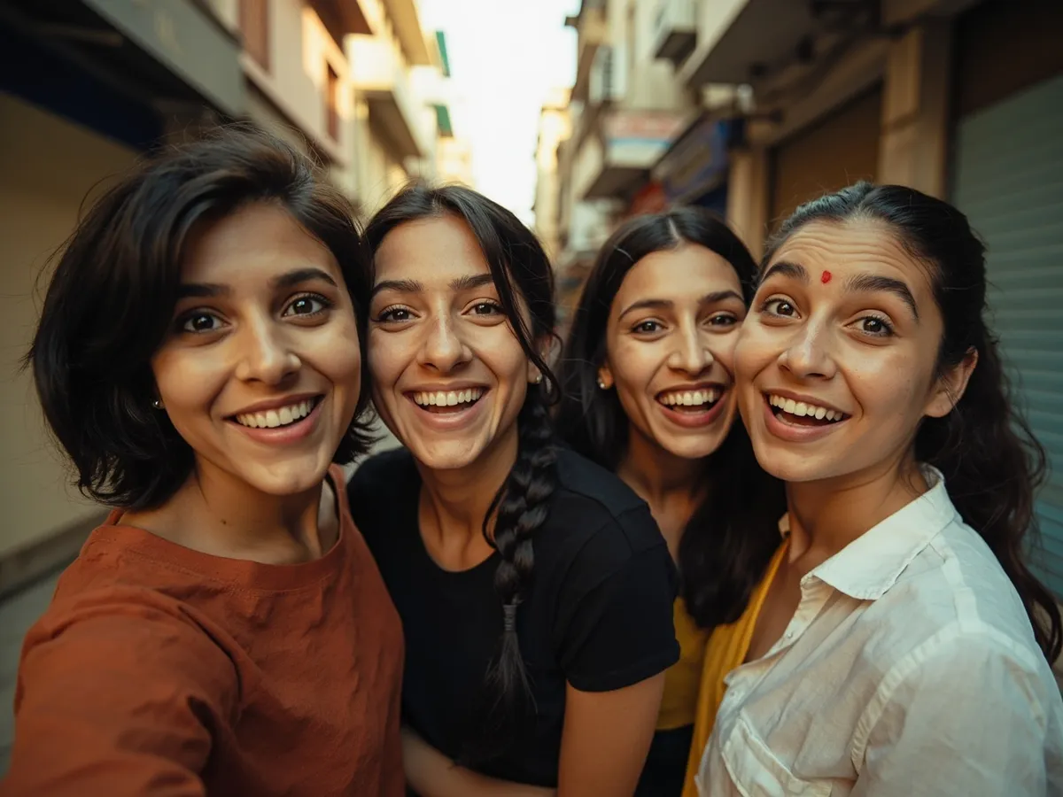 Computer-generated image: four friends laughing together in a group photo on a quest day out