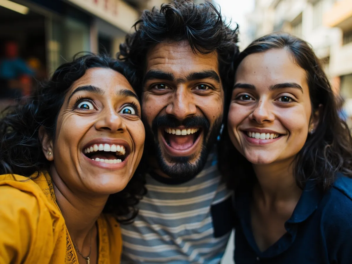 Computer-generated image: three friends laughing together in a group photo on a quest day out
