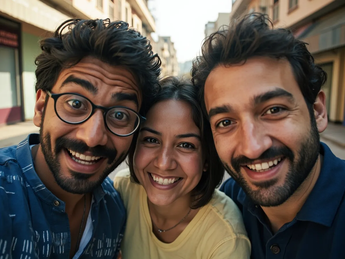 Computer-generated image: three friends laughing together in a group photo on a quest day out