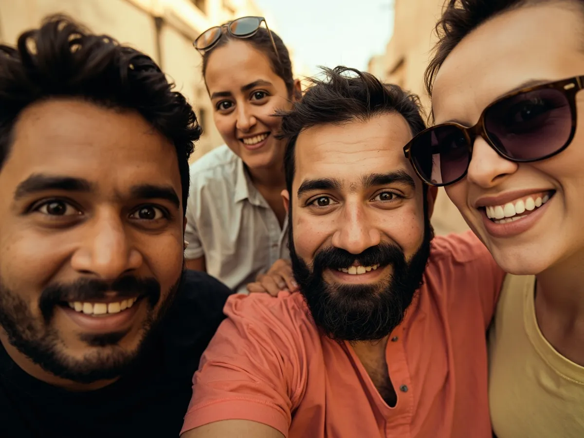 Computer-generated image: four friends laughing together in a group photo on a quest day out