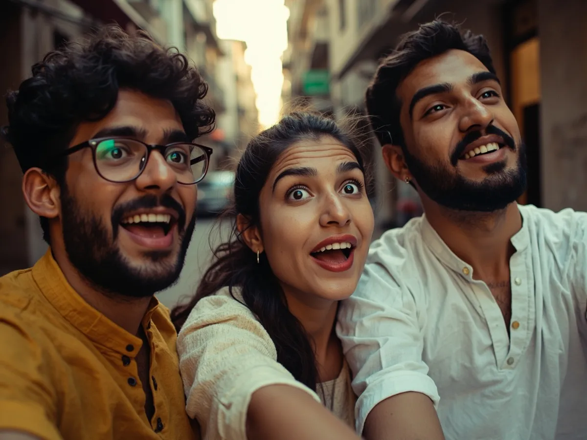Computer-generated image: three friends laughing together in a group photo on a quest day out