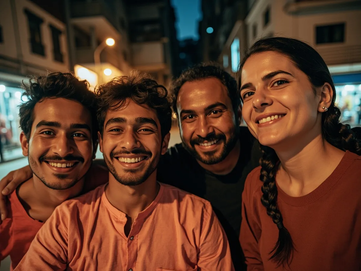 Computer-generated image: four friends laughing together in a group photo on a quest day out