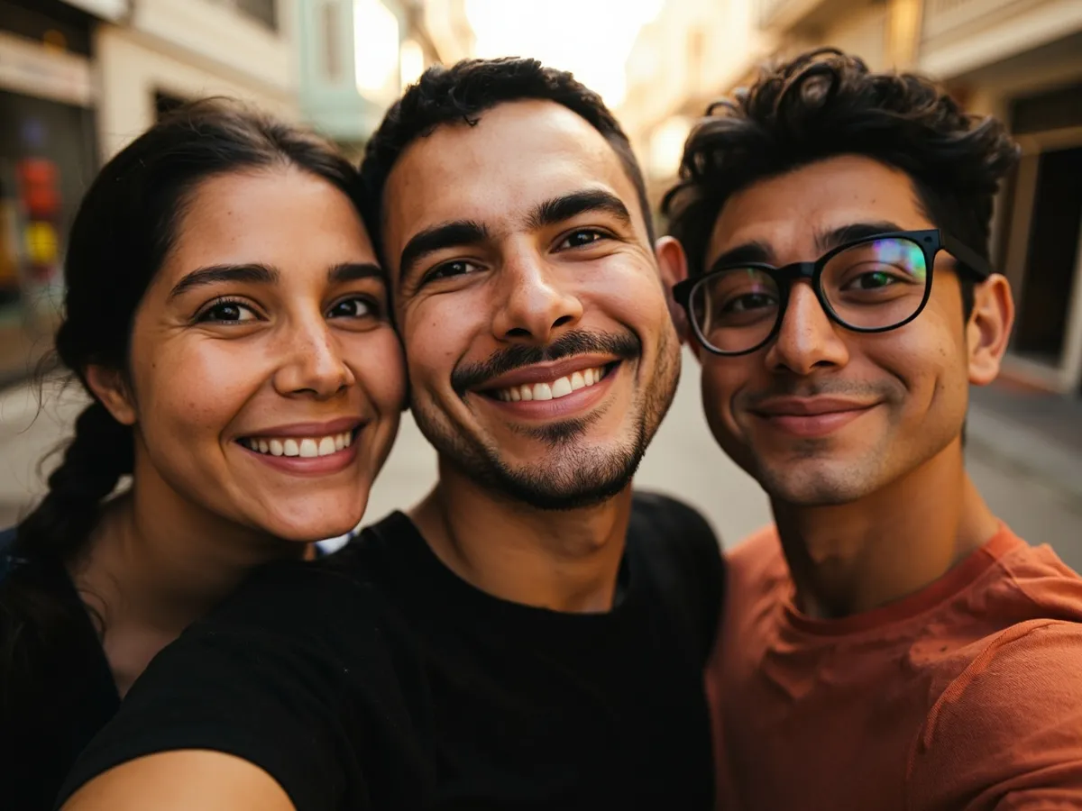 Computer-generated image: three friends laughing together in a group photo on a quest day out