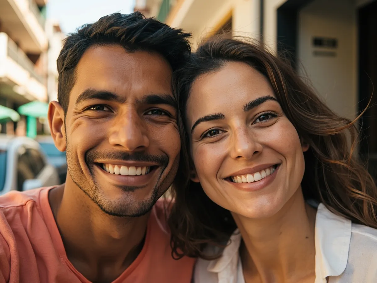 Computer-generated image: two friends laughing together in a group photo on a quest day out