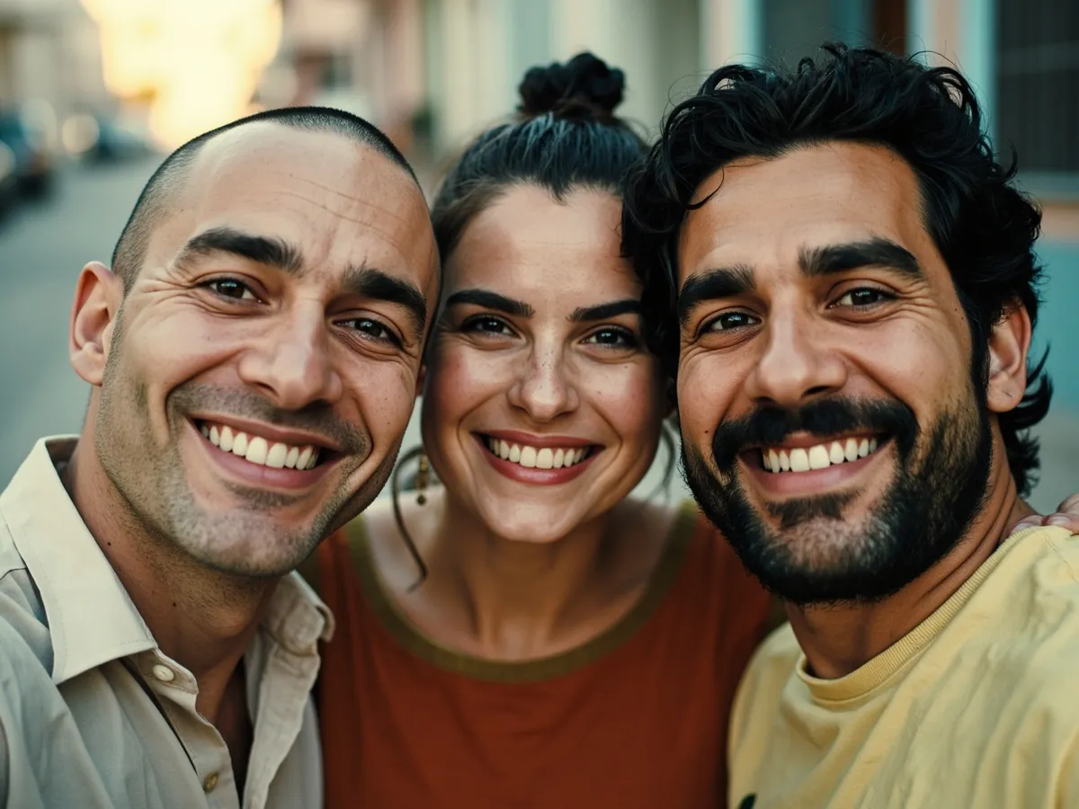 Computer-generated image: three friends laughing together in a group photo on a quest day out