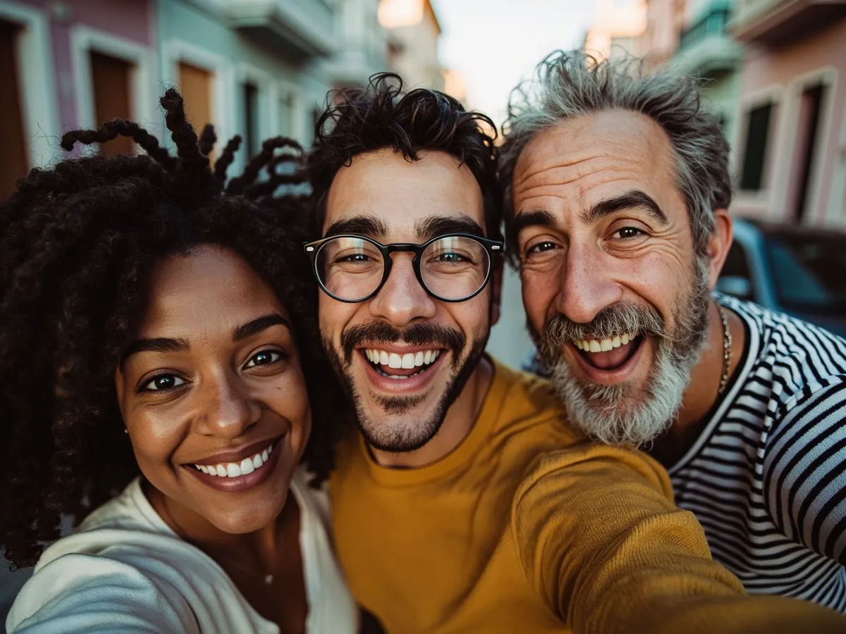 Computer-generated image: three friends laughing together in a group photo on a quest day out