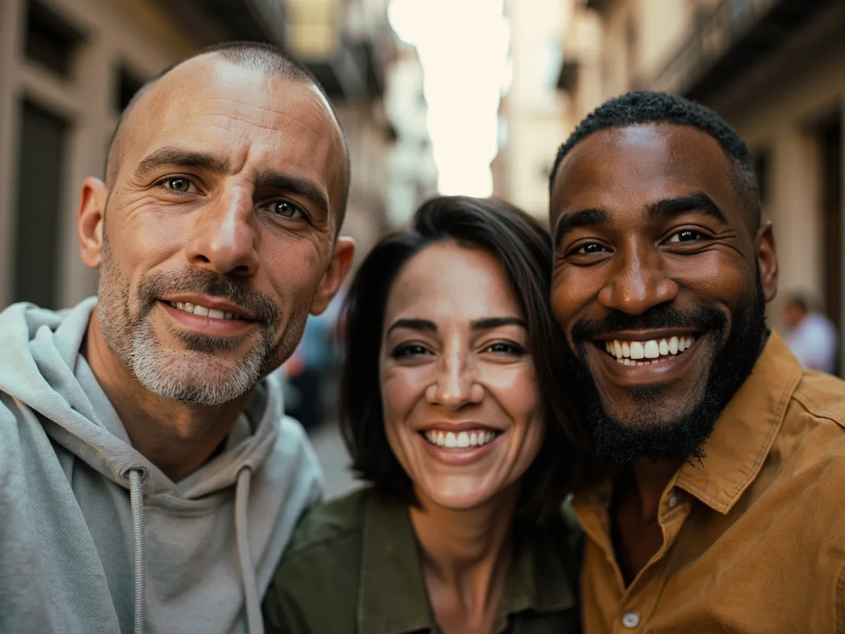 Computer-generated image: three friends laughing together in a group photo on a quest day out