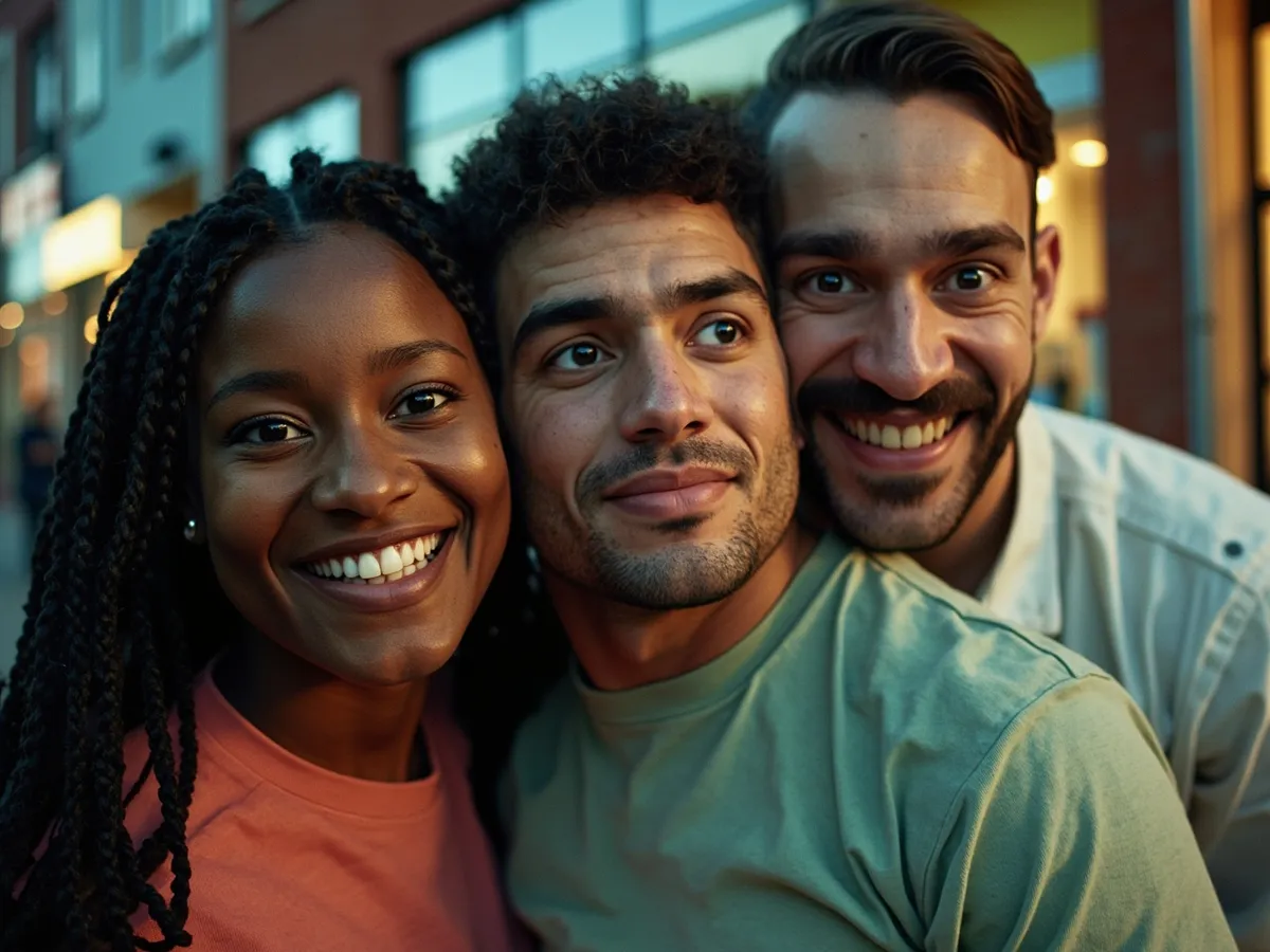 Computer-generated image: three friends laughing together in a group photo on a quest day out