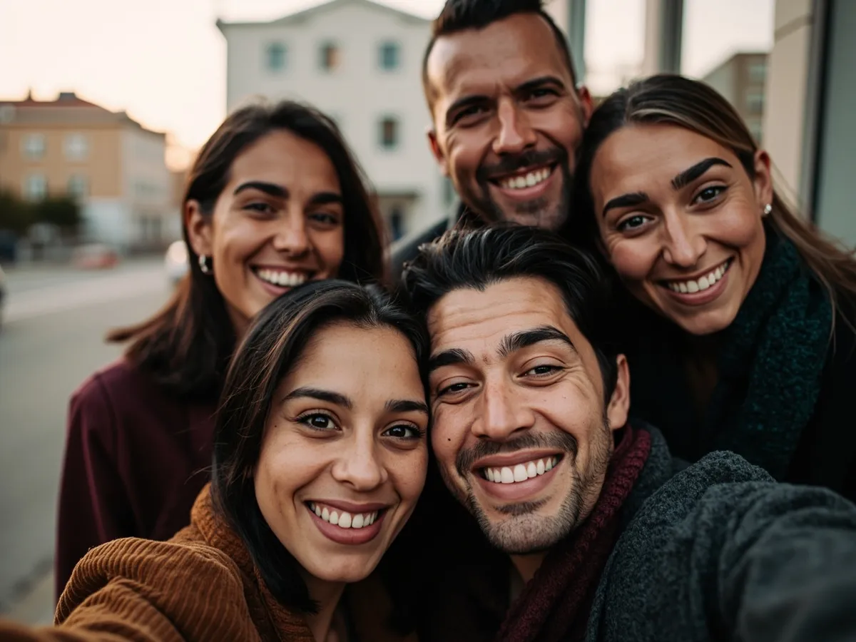 Computer-generated image: four friends laughing together in a group photo on a quest day out