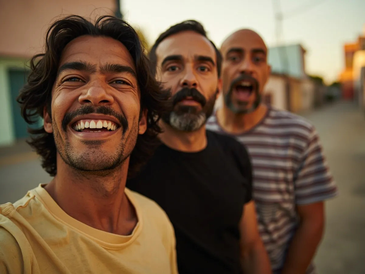 Computer-generated image: three friends laughing together in a group photo on a quest day out
