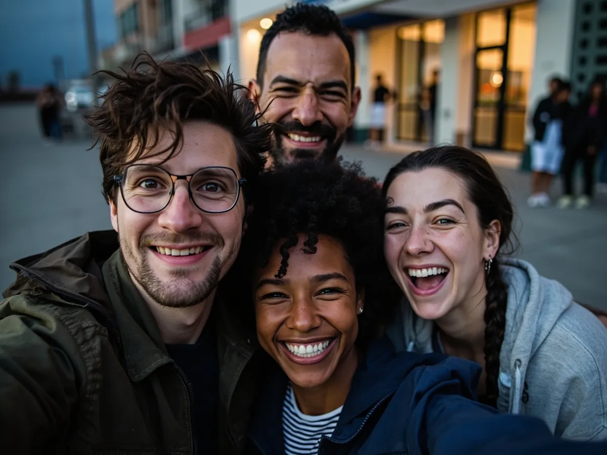 Computer-generated image: four friends laughing together in a group photo on a quest day out