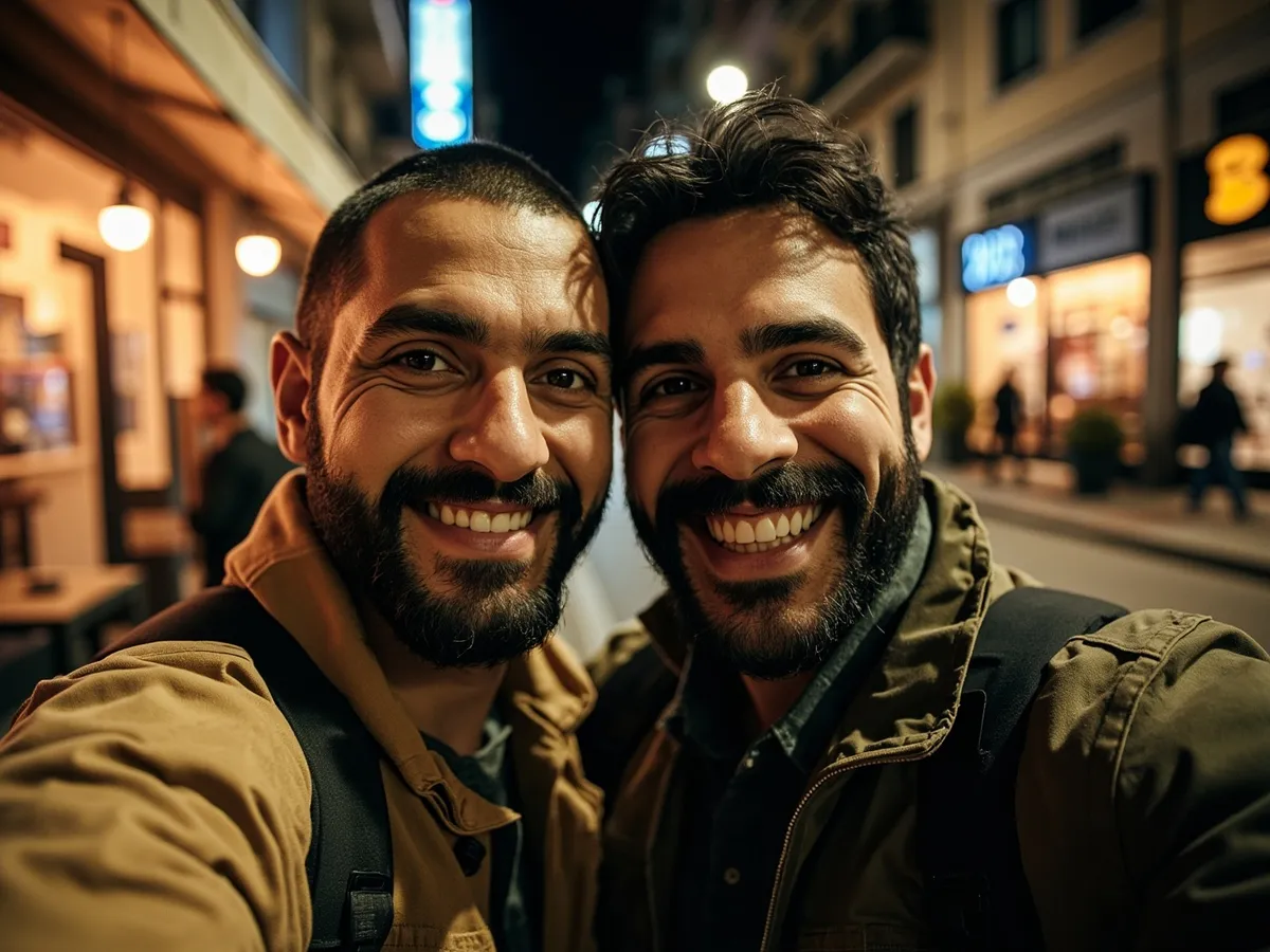 Computer-generated image: two friends laughing together in a group photo on a quest day out