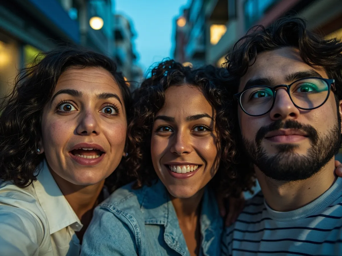 Computer-generated image: three friends laughing together in a group photo on a quest day out