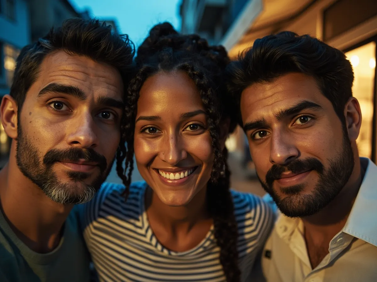 Computer-generated image: three friends laughing together in a group photo on a quest day out