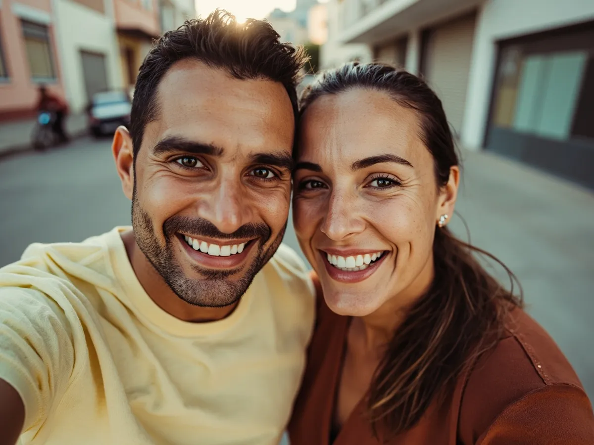 Computer-generated image: two friends laughing together in a group photo on a quest day out