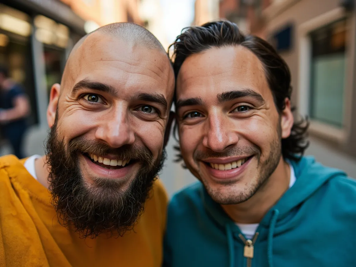 Computer-generated image: two friends laughing together in a group photo on a quest day out
