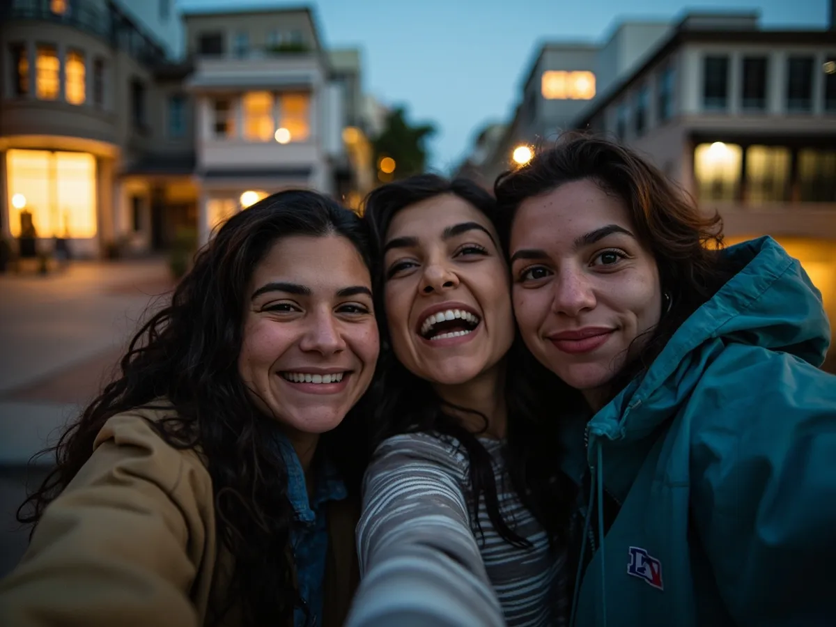 Computer-generated image: three friends laughing together in a group photo on a quest day out