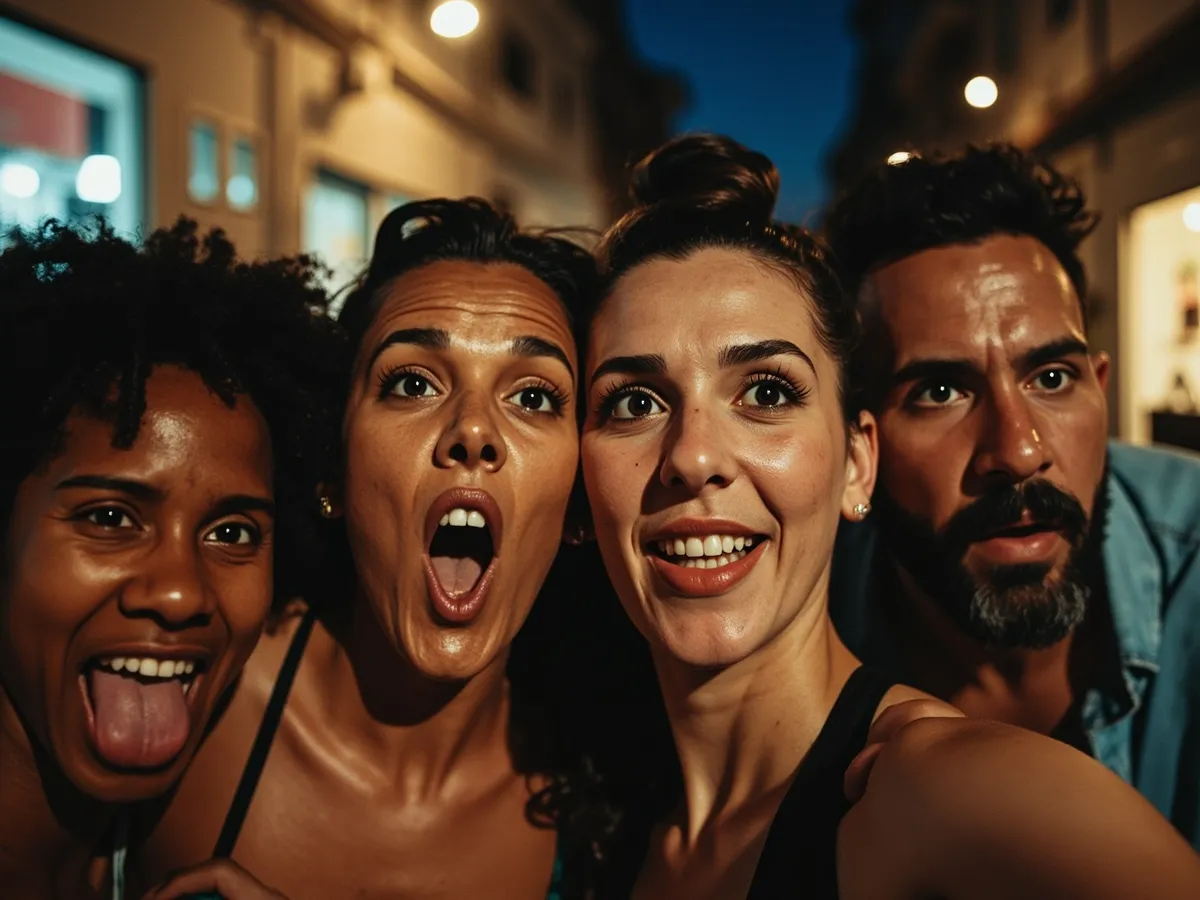 Computer-generated image: four friends laughing together in a group photo on a quest day out