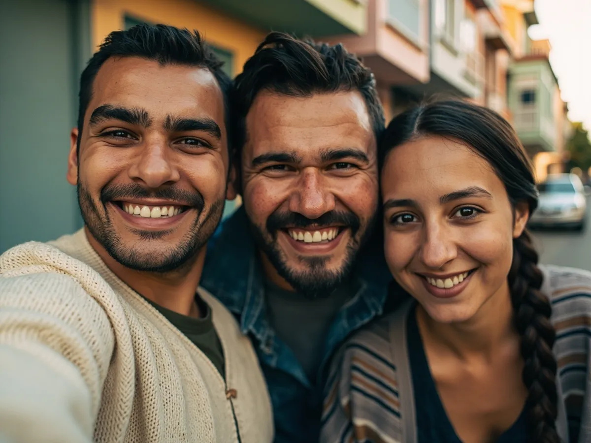 Computer-generated image: three friends laughing together in a group photo on a quest day out