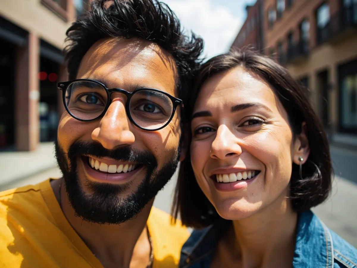 Computer-generated image: two friends laughing together in a group photo on a quest day out