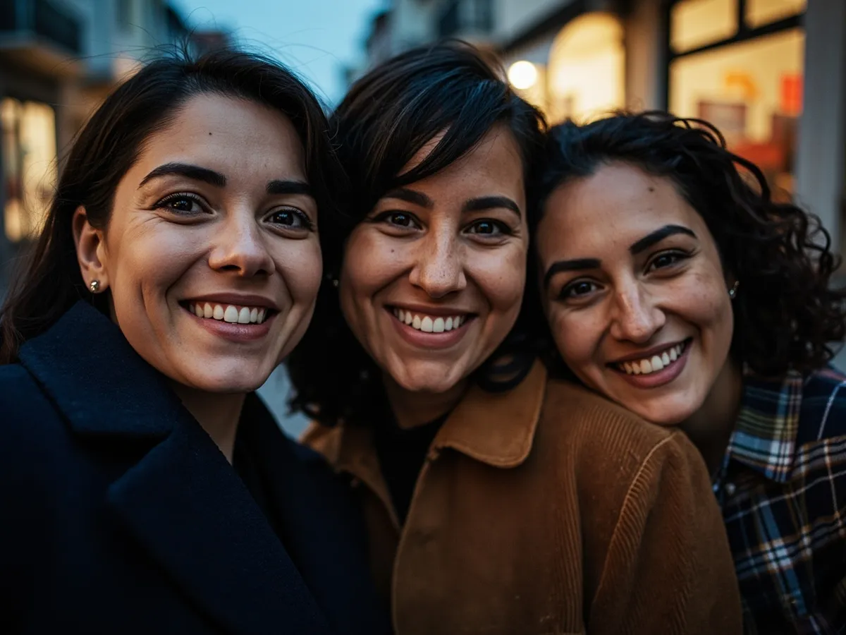 Computer-generated image: three friends laughing together in a group photo on a quest day out