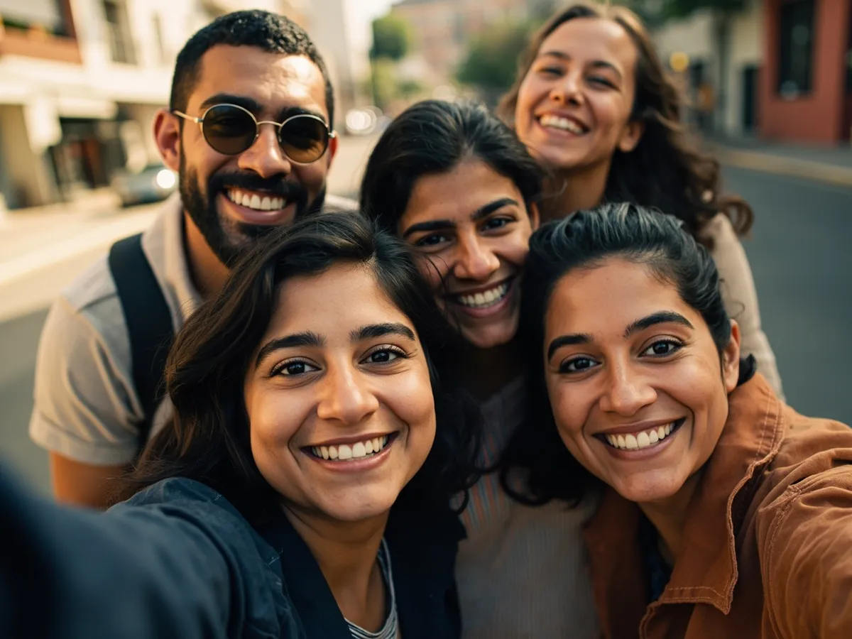 Computer-generated image: four friends laughing together in a group photo on a quest day out