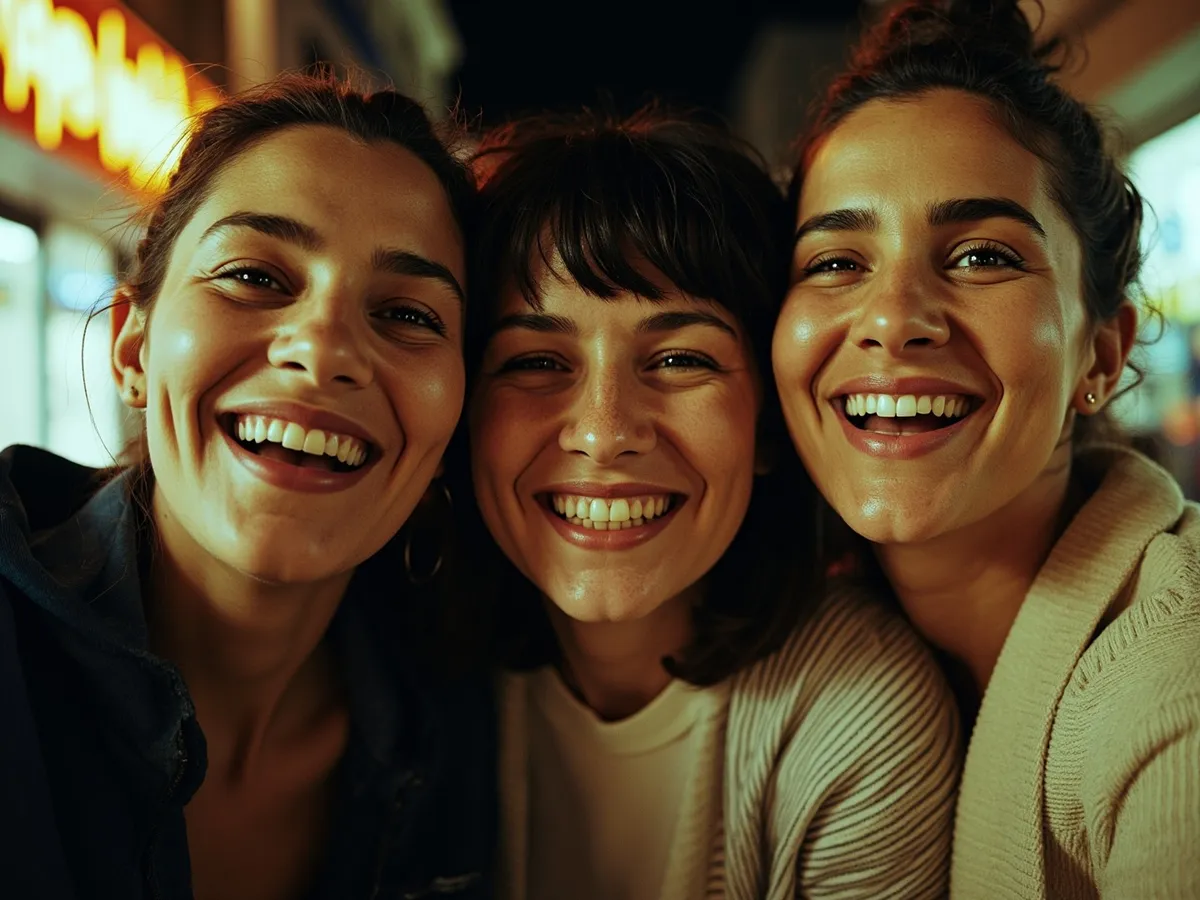 Computer-generated image: three friends laughing together in a group photo on a quest day out