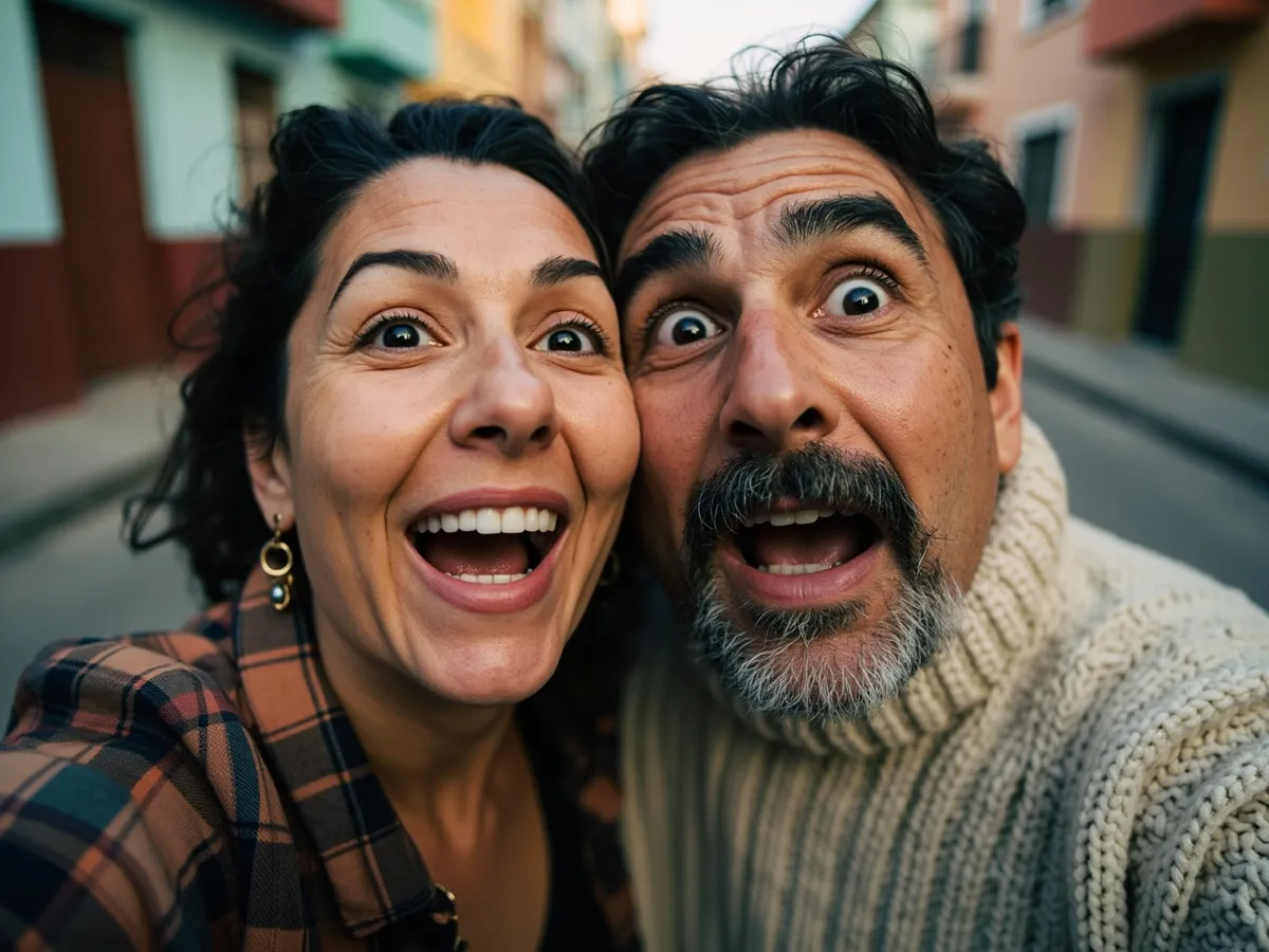 Computer-generated image: two friends laughing together in a group photo on a quest day out