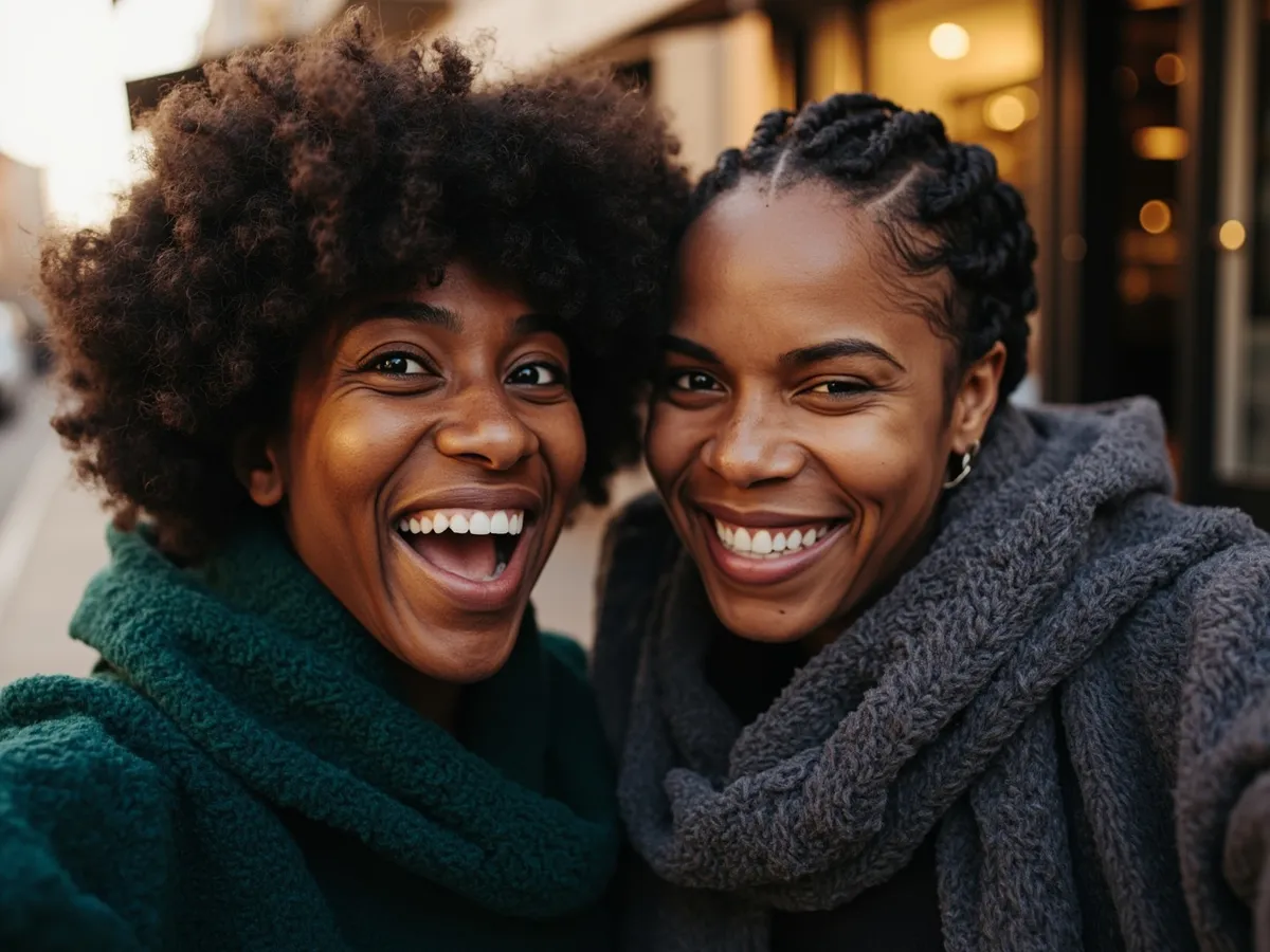 Computer-generated image: two friends laughing together in a group photo on a quest day out