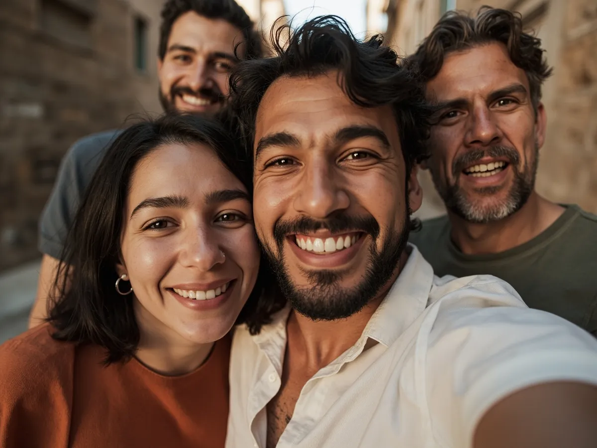 Computer-generated image: four friends laughing together in a group photo on a quest day out