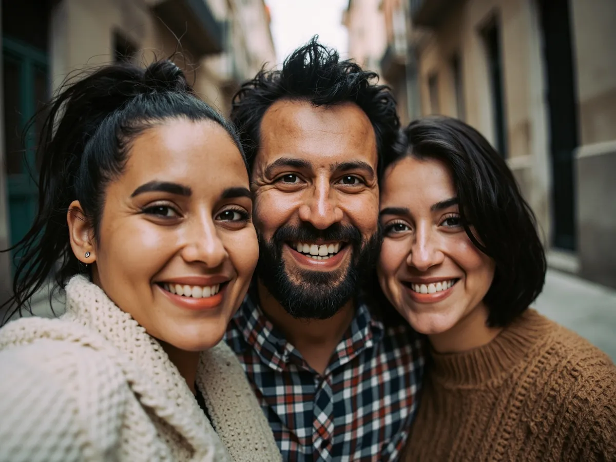 Computer-generated image: three friends laughing together in a group photo on a quest day out