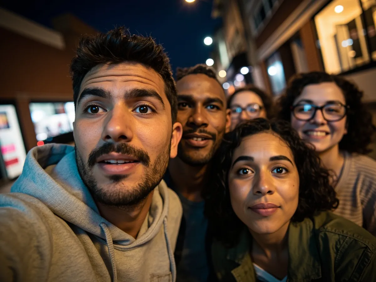 Computer-generated image: four friends laughing together in a group photo on a quest day out