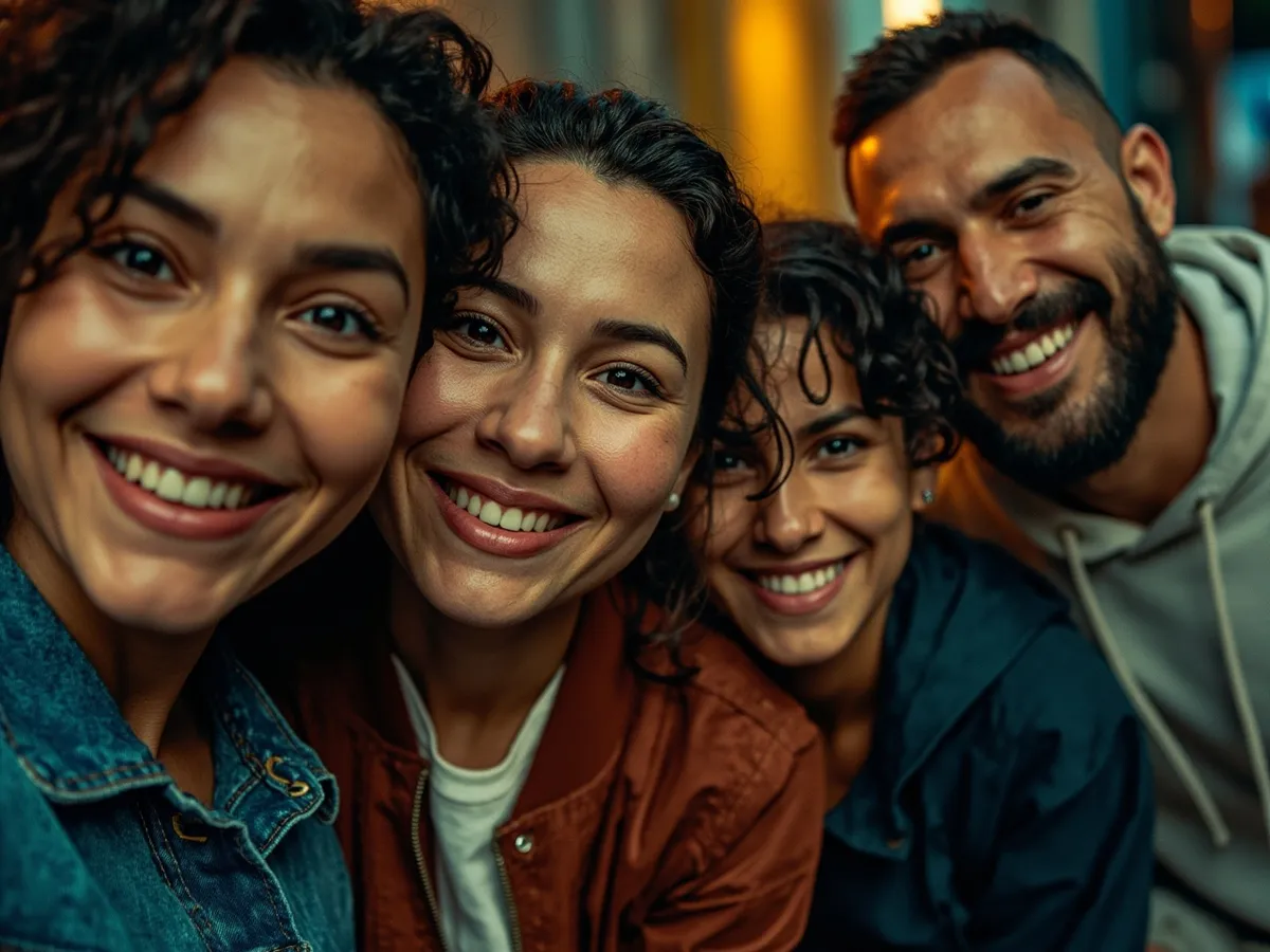Computer-generated image: four friends laughing together in a group photo on a quest day out