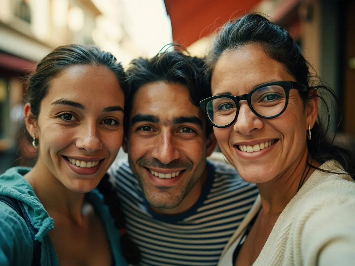 Computer-generated image: three friends laughing together in a group photo on a quest day out