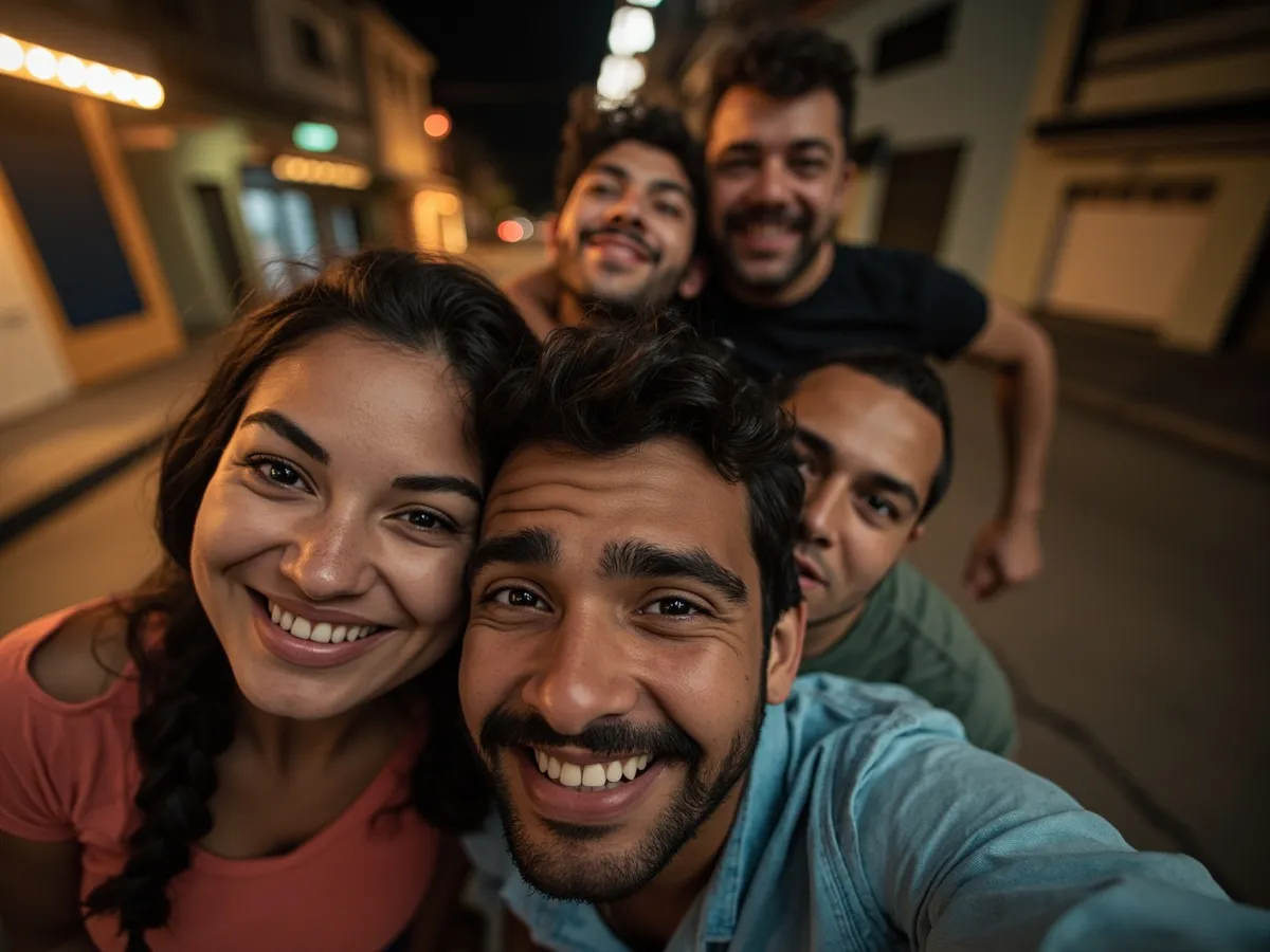 Computer-generated image: four friends laughing together in a group photo on a quest day out