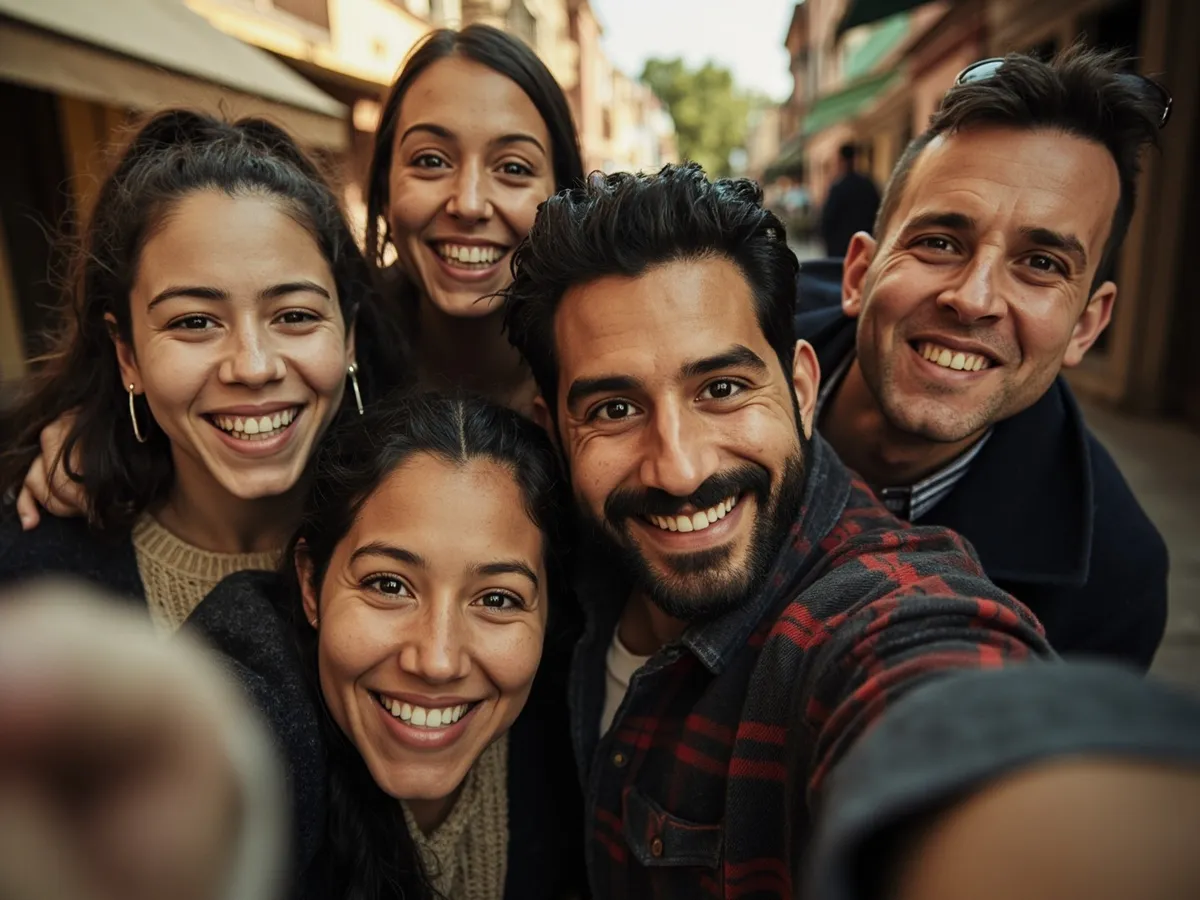 Computer-generated image: four friends laughing together in a group photo on a quest day out