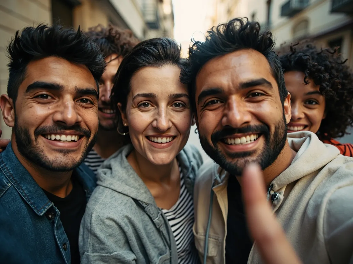 AI-generated illustration: four friends laughing together in a group photo on a quest day out