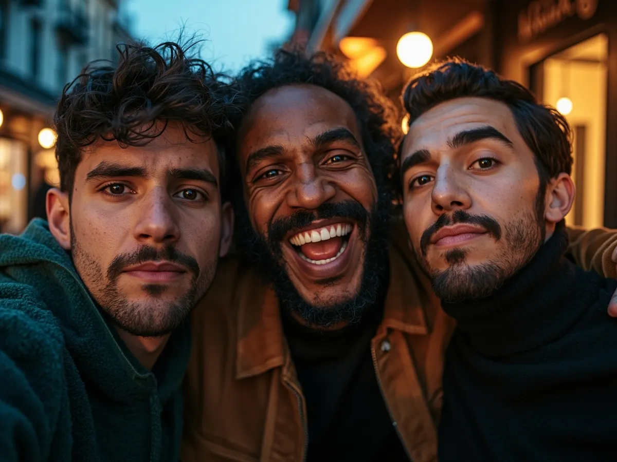 Computer-generated image: three friends laughing together in a group photo on a quest day out