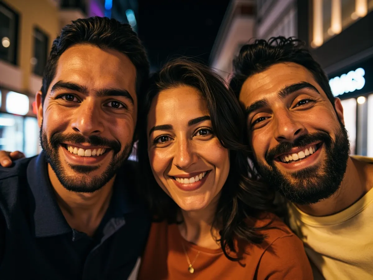 Computer-generated image: three friends laughing together in a group photo on a quest day out