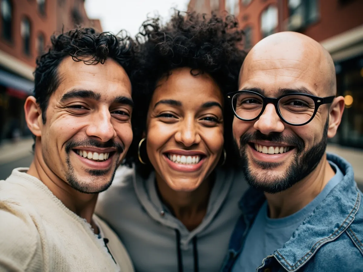 Computer-generated image: three friends laughing together in a group photo on a quest day out