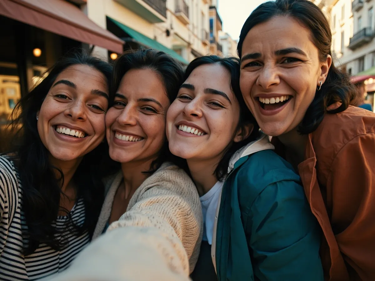 Computer-generated image: four friends laughing together in a group photo on a quest day out