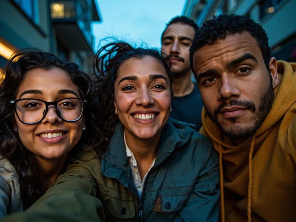 Computer-generated image: four friends laughing together in a group photo on a quest day out