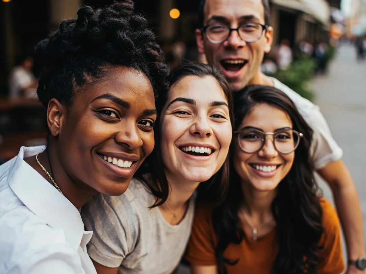 Computer-generated image: four friends laughing together in a group photo on a quest day out