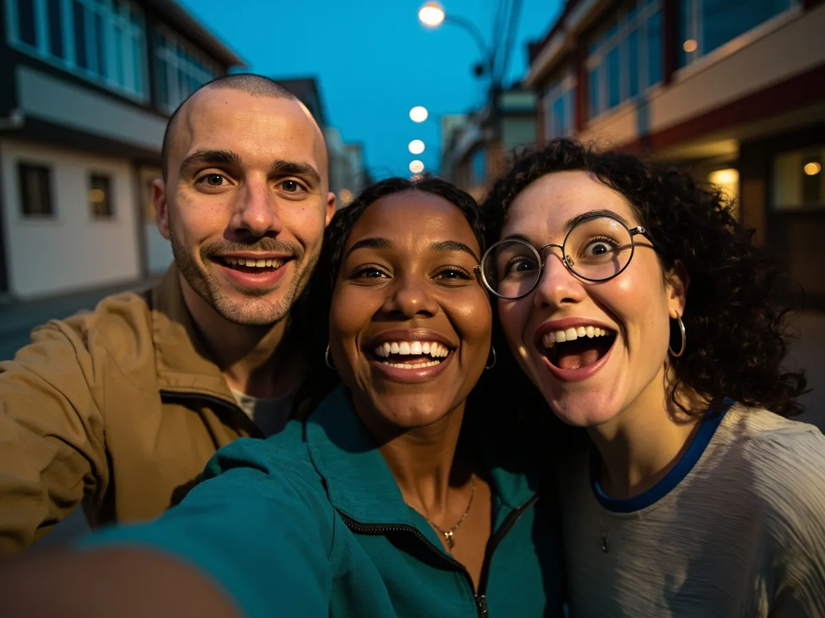 Computer-generated image: three friends laughing together in a group photo on a quest day out