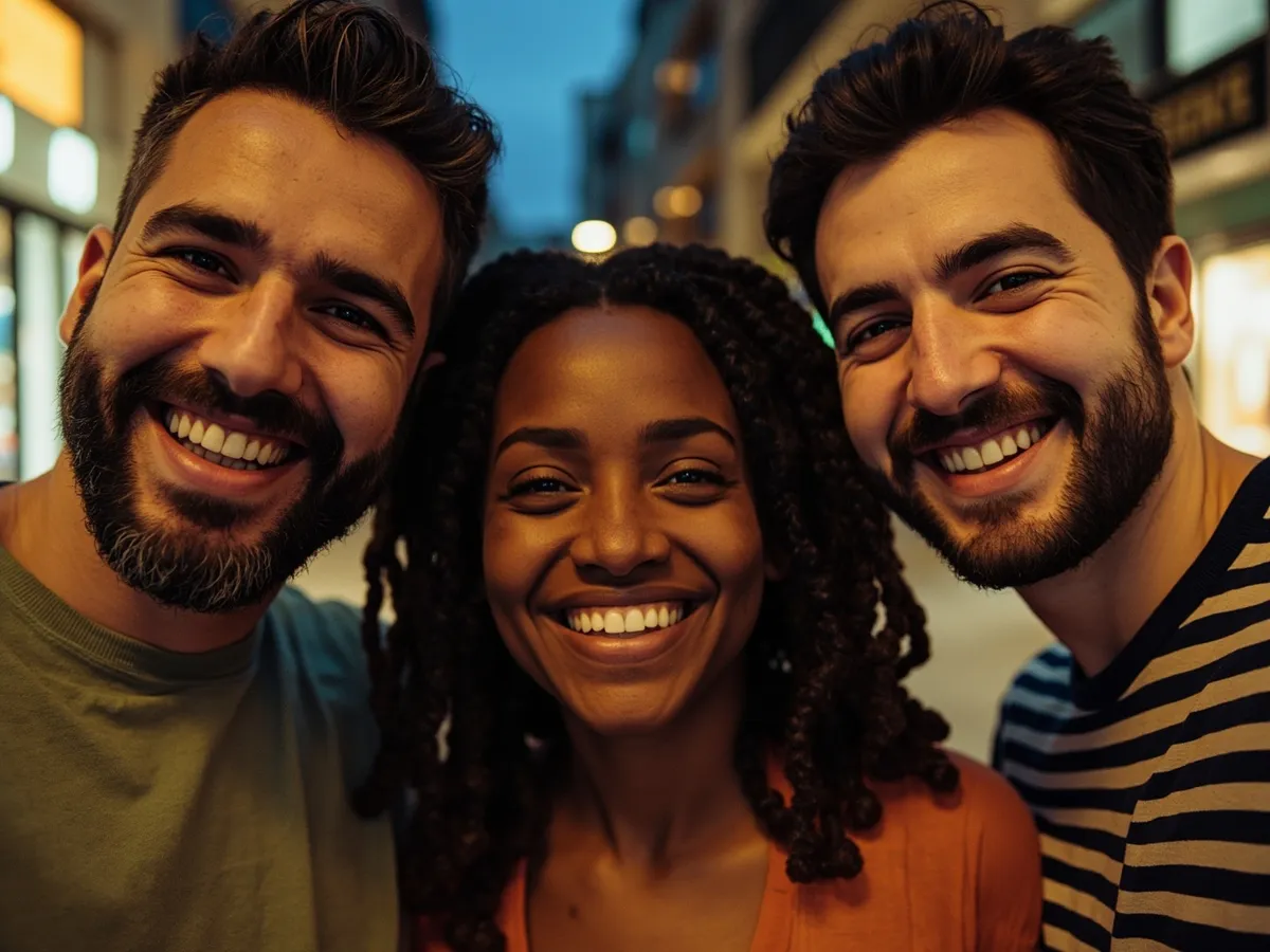 Computer-generated image: three friends laughing together in a group photo on a quest day out