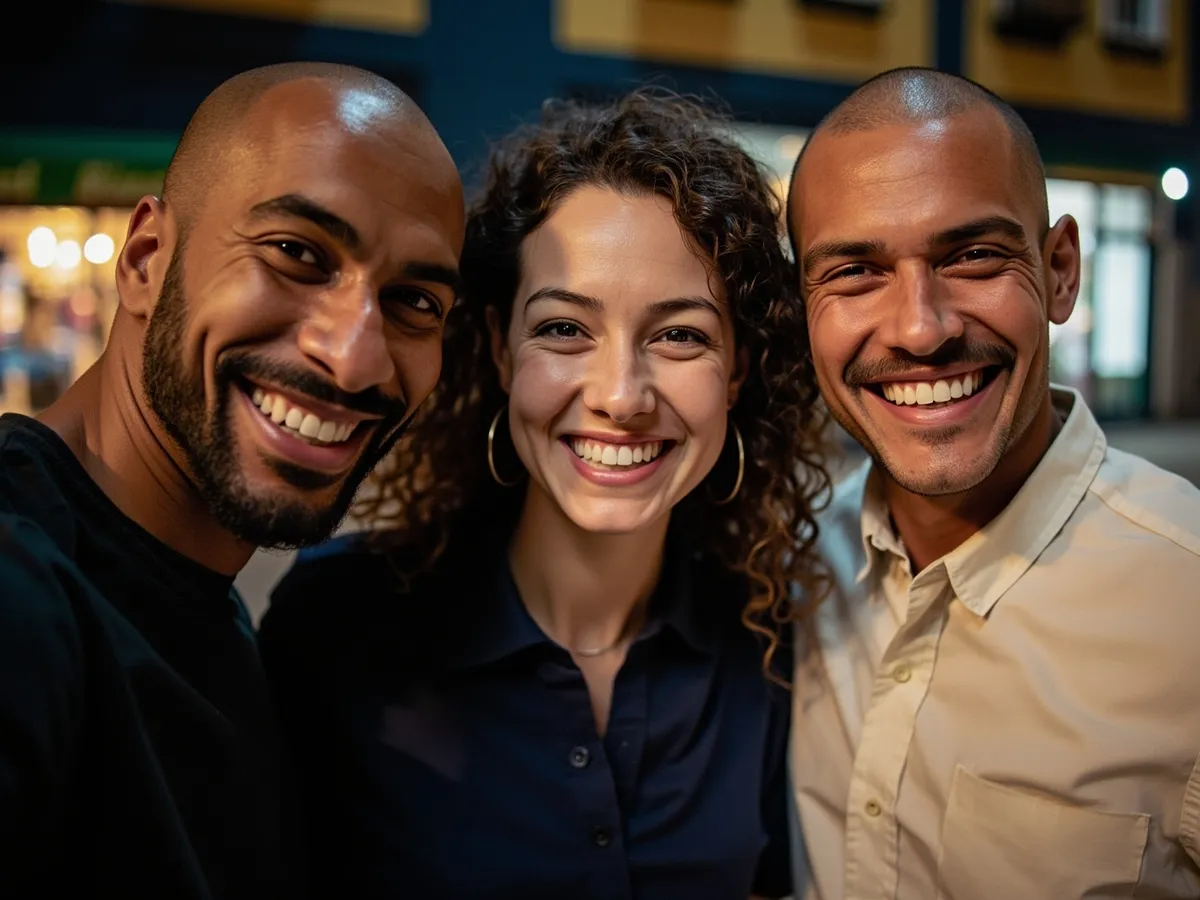 Computer-generated image: three friends laughing together in a group photo on a quest day out