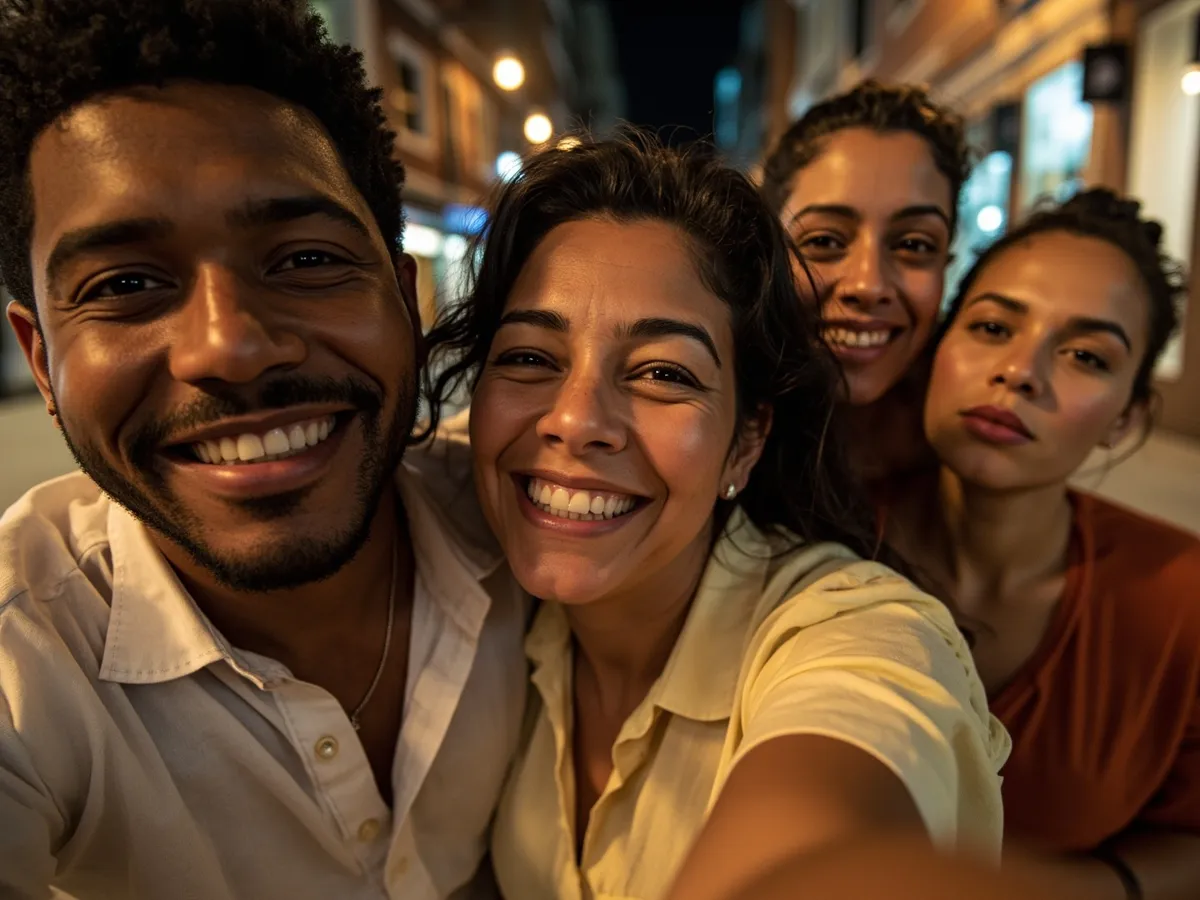Computer-generated image: four friends laughing together in a group photo on a quest day out