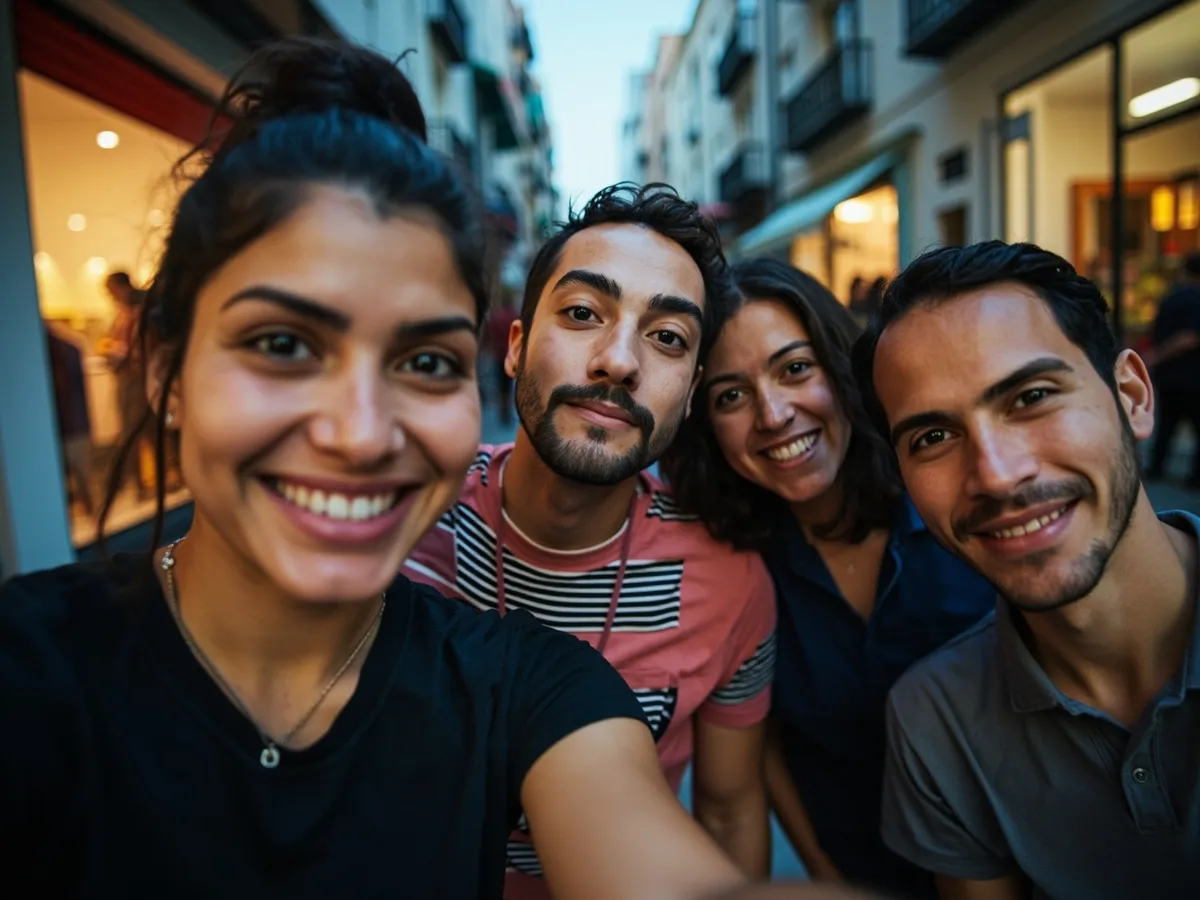 Computer-generated image: four friends laughing together in a group photo on a quest day out