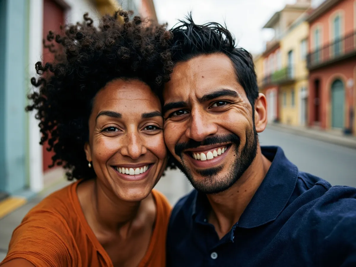 Computer-generated image: two friends laughing together in a group photo on a quest day out
