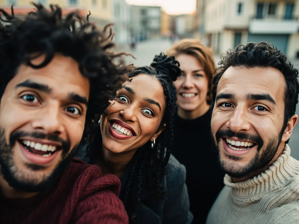 Computer-generated image: four friends laughing together in a group photo on a quest day out